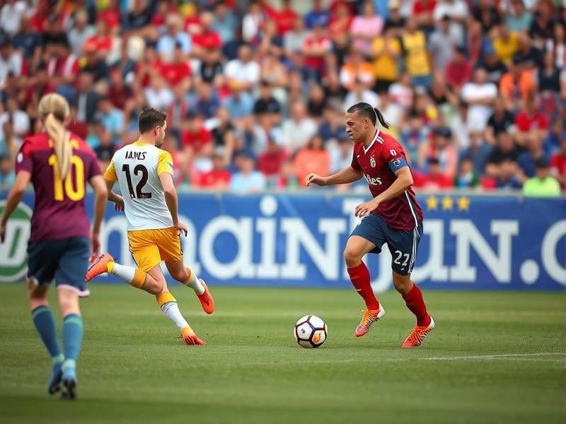 Club soccer game in action with players competing for the ball