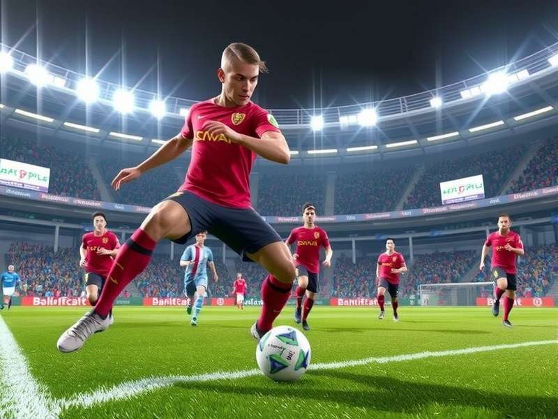 Dynamic soccer gameplay showing a player dribbling past an opponent