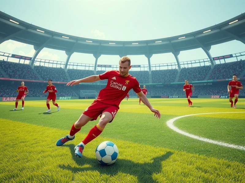 Player wearing VR headset experiencing a soccer game in virtual reality