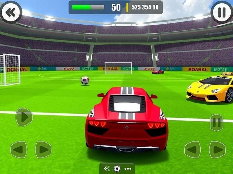 Dynamic in-game action of a car performing an aerial hit on a soccer ball in a futuristic arena