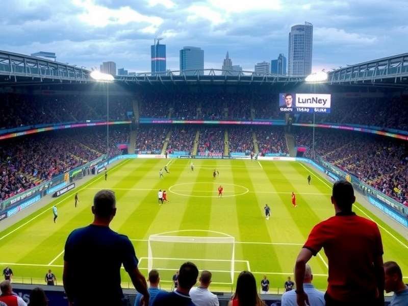 Vibrant crowd at a Premier League soccer match in London, waving flags and cheering