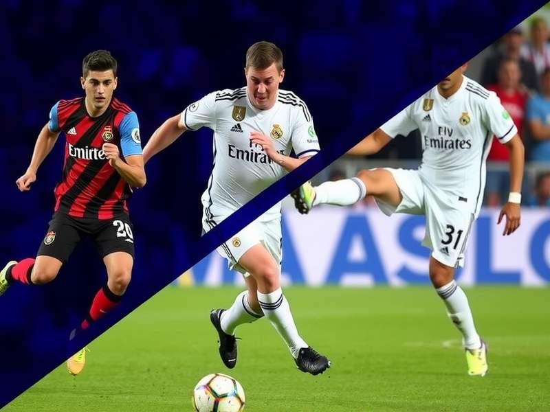 Real Madrid team celebrating a goal in a packed Santiago Bernabeu stadium