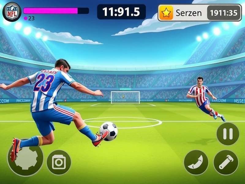 Indian soccer gamer playing football game on console with vibrant stadium background